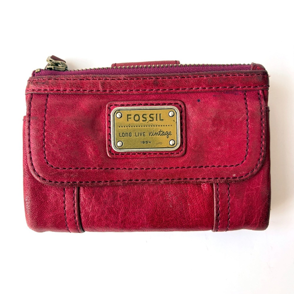 Fossil Emory Organizer Wallet Raspberry Red Tri Fold Lamb Leather Buttery Soft